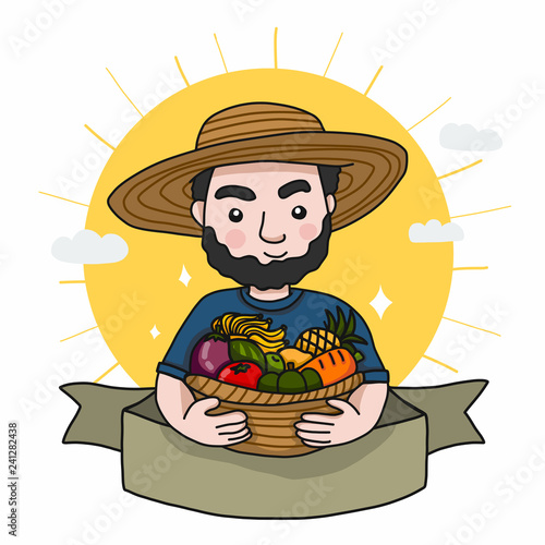 Famer with fruit and vegetable basket cartoon label logo vector illustration doodle style