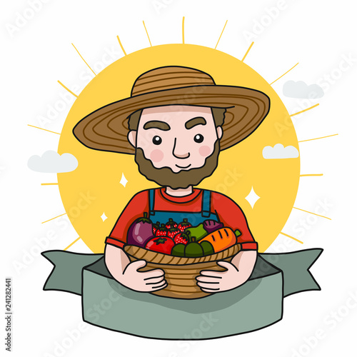 Famer with fruit and vegetable basket cartoon label logo vector illustration doodle style