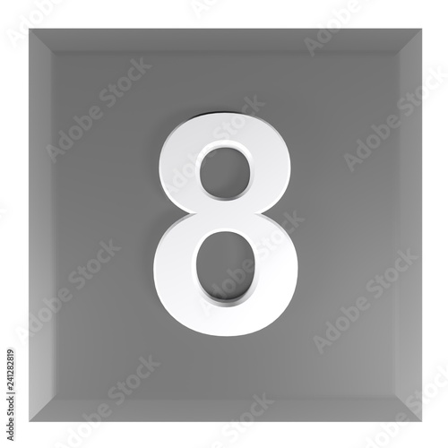 Number 8 square black push button - 3D rendering illustration