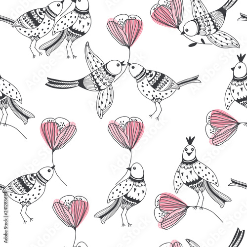 Seamless pattern with cartoon birds and flowers on a white background. Hand-drawn vector illustration. Romantic background.