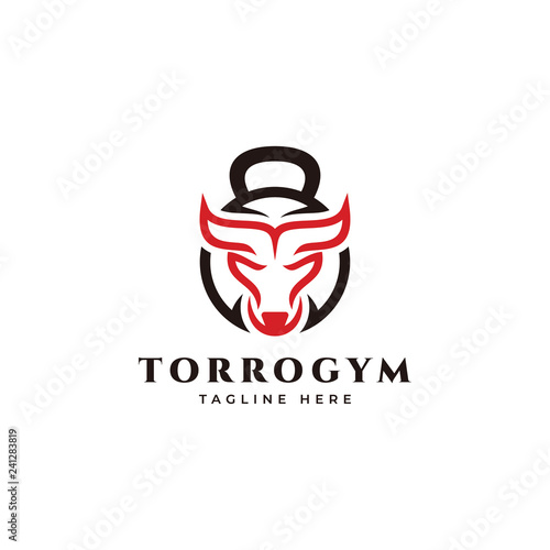 Monogram geometric bull, bison, buffalo and fitness kettlebell logo icon vector