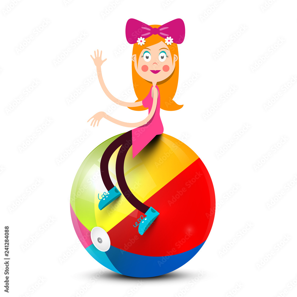 Obraz premium Girl Sitting on Colorful Beach Ball Isolated on White Background