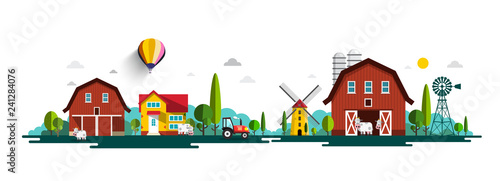 Rural Vector Landscape Panorama with Barn, Houses, Windmills and Tractor