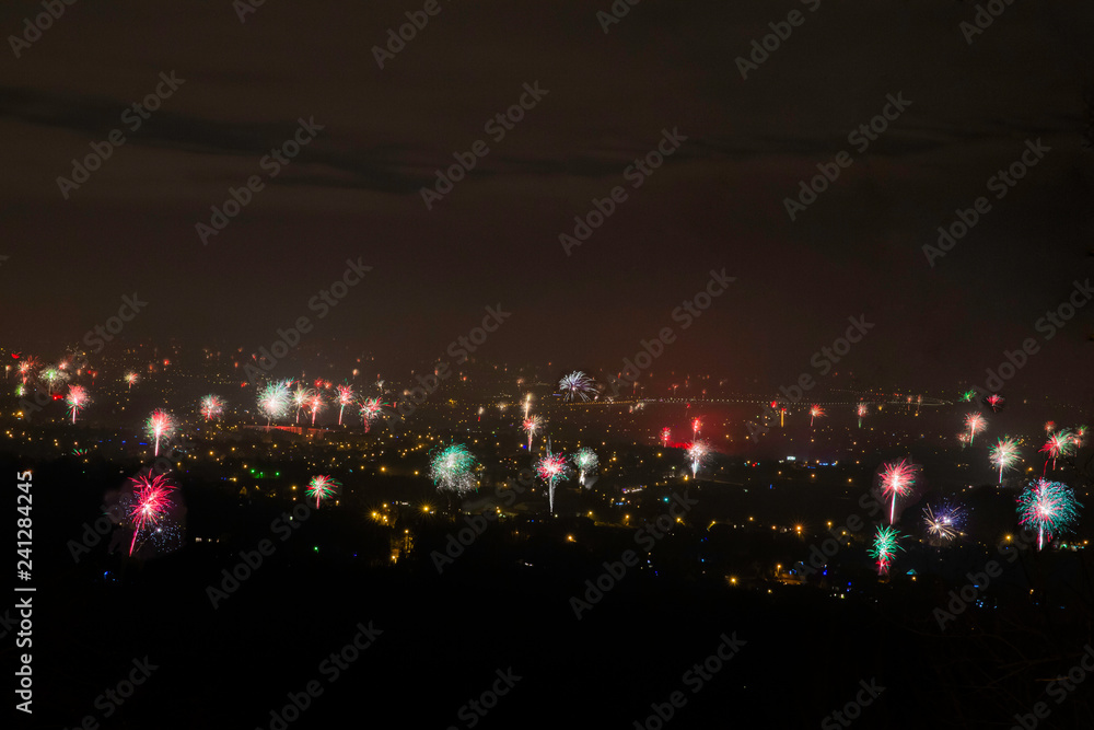 New year`s fireworks over Cracow. Celebration in Poland
