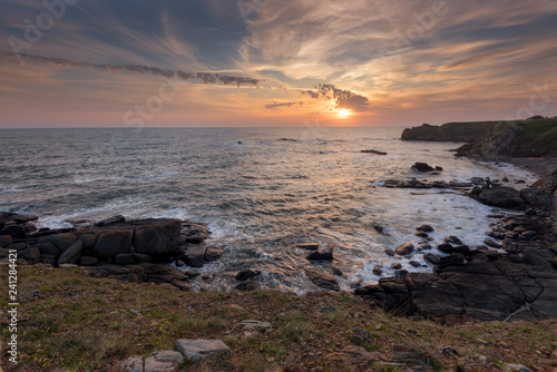 Seascape during sunrise. Beautiful natural seascape. Sea sunrise at the Black Sea coast. Magnificent sunrise with clouds and fire sun at the beginning of April.