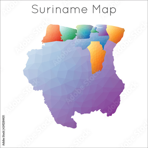 Low poly geometric map of Suriname with a mosaic style, highlighting its borders.