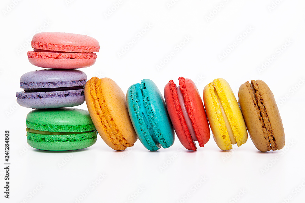Sweet and colourful macaroons or macaron on white background. Sweet and colourful macaroons or macaron on white background.