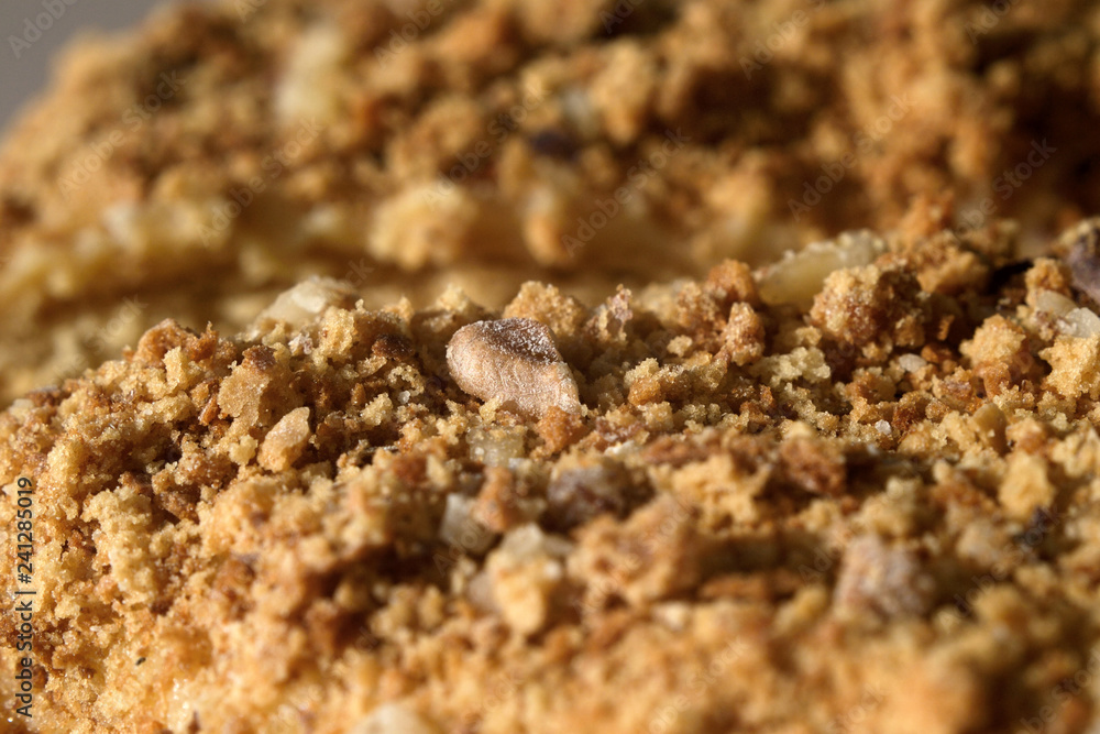 Sweet tasty cake sprinkled with nuts. Shallow depth of field