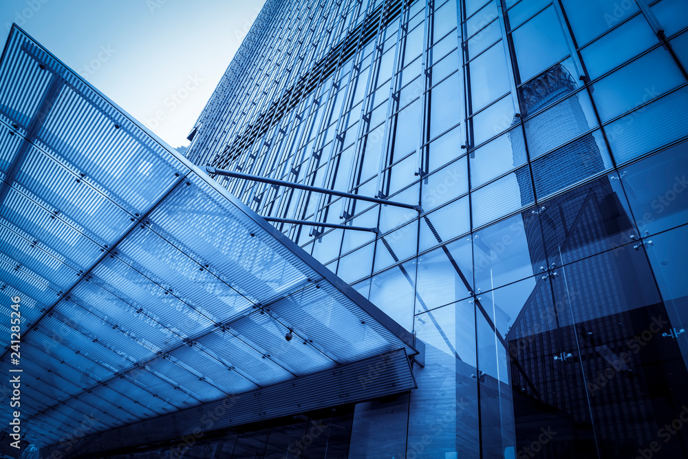Obraz premium Contemporary architectural office building, urban landscape, personal perspective,