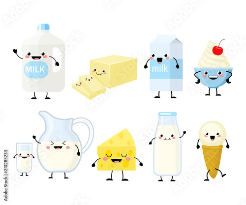 Cute cartoon dairy products characters vector illustration isola