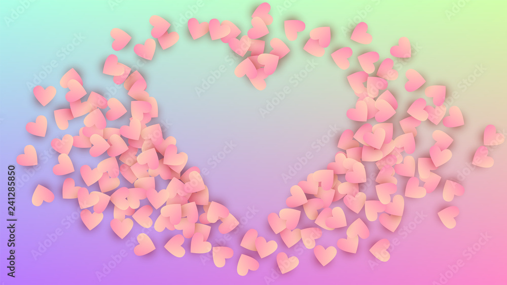 Valentine's Day Background. Banner Template. Many Random Falling Pink Hearts on Hologram Backdrop. Heart Confetti Pattern. Vector Valentine's Day Background.