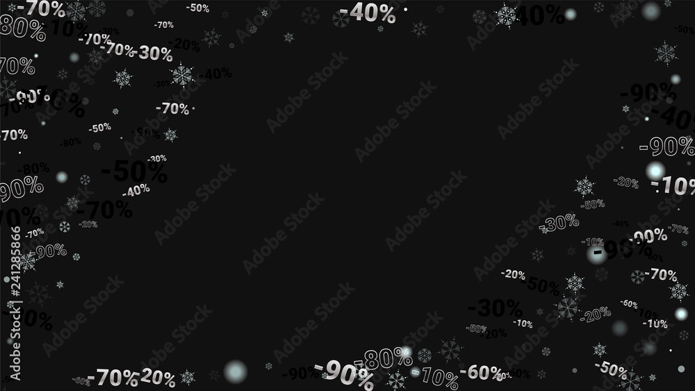 Percent Sings on Dark Background. Black Poster with Silver Percent Sings and Snowflakes. Vector Discount Sale Background. Percent Sings on Dark Background. Black Poster with Silver Percent Sings and Snowflakes. Vector Discount Sale Background.