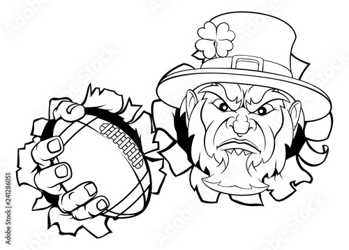 A leprechaun American football sports mascot holding a ball and tearing through the background. 