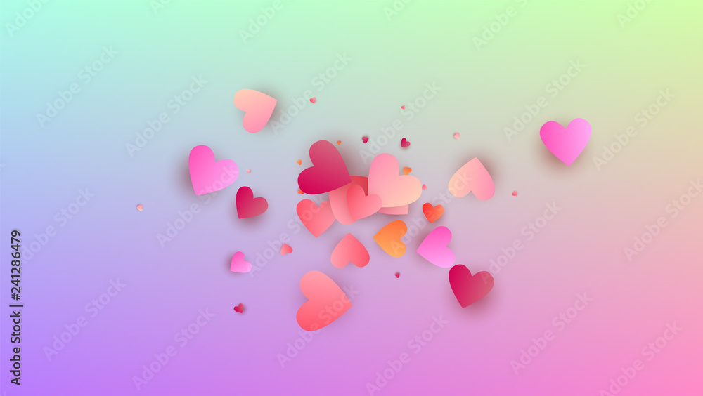 Valentine's Day Background. Many Random Falling Purple Hearts on Hologram Backdrop. Heart Confetti Pattern. Flyer Template. Vector Valentine's Day Background.