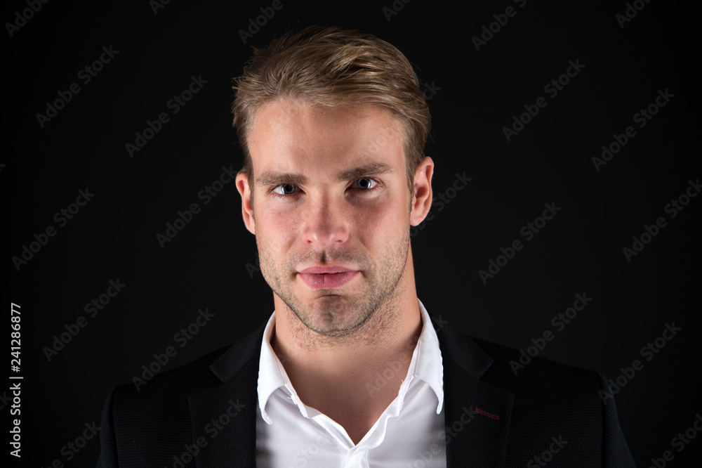 Business man well groomed guy dark background. Business people hairstyle. Businessman hair groomed face. Stylish and modern appearance. Well groomed macho. Perfect style. Hair grooming tips Business man well groomed guy dark background. Business people hairstyle. Businessman hair groomed face. Stylish and modern appearance. Well groomed macho. Perfect style. Hair grooming tips