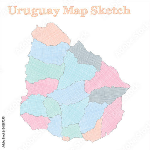 Uruguay map. Hand-drawn country. Exceptional sketchy Uruguay map with regions. Vector illustration.