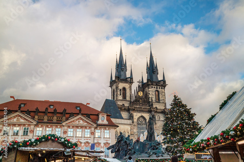 Festive Christmas market at the Old Town Square in Prague, Czech Republic.