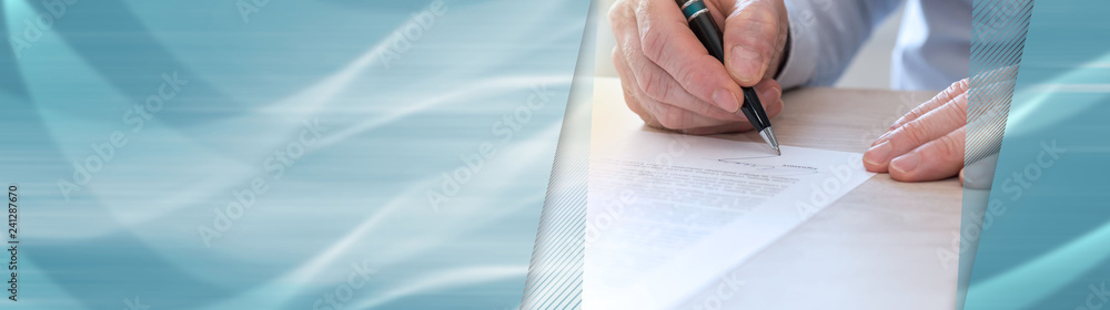 Man signing a contract, light effect. panoramic banner Man signing a contract, light effect. panoramic banner