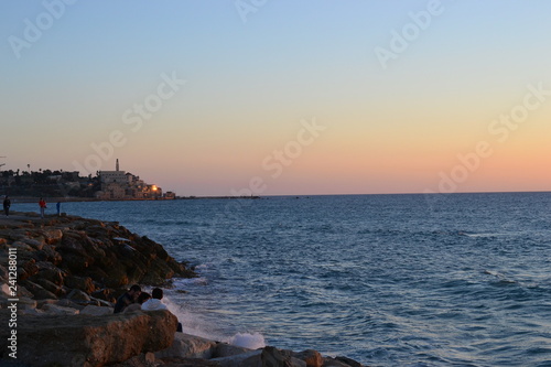 view of the old port in Tel Aviv at sunset, old city Jaffa, Yafo, Israel