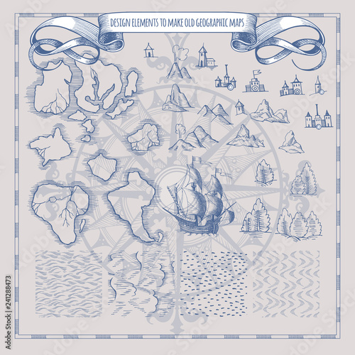 Example design elements to make your own fantasy or treasure maps. Includes city, forest, mountains, sea, waves, ocean. Imitation of medieval drawings. Hand-drawn sketch. Vector