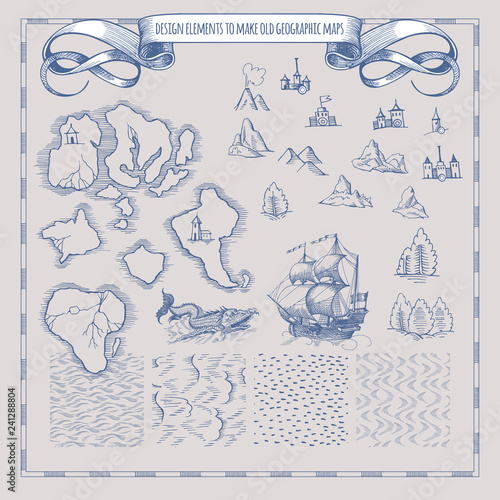 Example design elements to make your own fantasy or treasure maps. Includes city, forest, mountains, sea, waves, ocean. Imitation of medieval drawings. Hand-drawn sketch. Vector