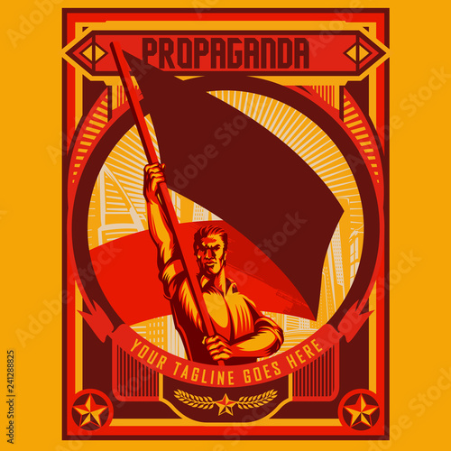Man holding blank flag poster illustration template. Political protest activism patriotism. Revolution raising The Flag.