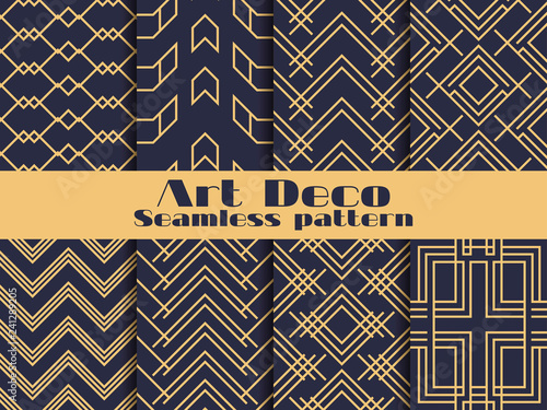 Art deco seamless pattern. Set retro backgrounds, gold and black color. Style 1920's, 1930's. Lines and geometric shapes. Vector illustration