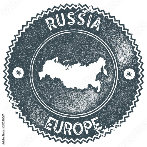 Russia map vintage stamp. Retro style handmade label, badge or element for travel souvenirs. Dark blue rubber stamp with country map silhouette. Vector illustration.