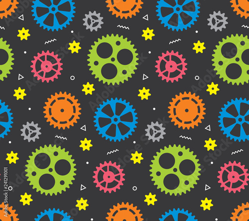 Cogwheels colorful pattern. Seamless texture for fabric or paper. Background with decorative gears.