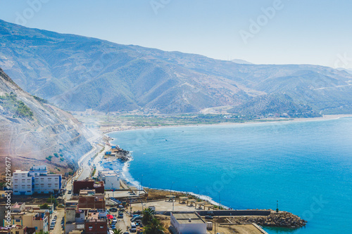 The incredible seascaping view of beach with blue sea in morocco in summer