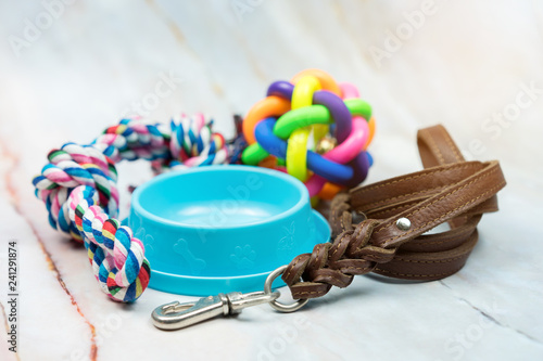 Pet supplies concept.  Pet leather leashes, brush and rubber toy.