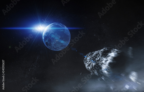 Erde mit Asteroid - Weltall mit Sonnenaufgang (Universum) photo