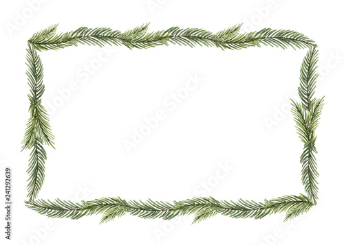 Watercolor vector Christmas frame with a red bow and fir branches.
