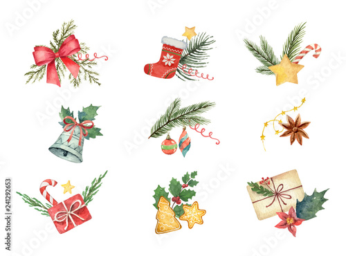 Watercolor vector set with Christmas elements isolated on white background.