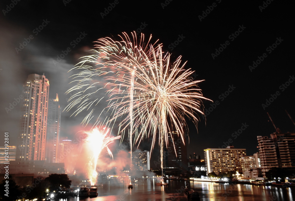 new year celebration fireworks on Cho Phraya river in Thailand new year celebration fireworks on Cho Phraya river in Thailand