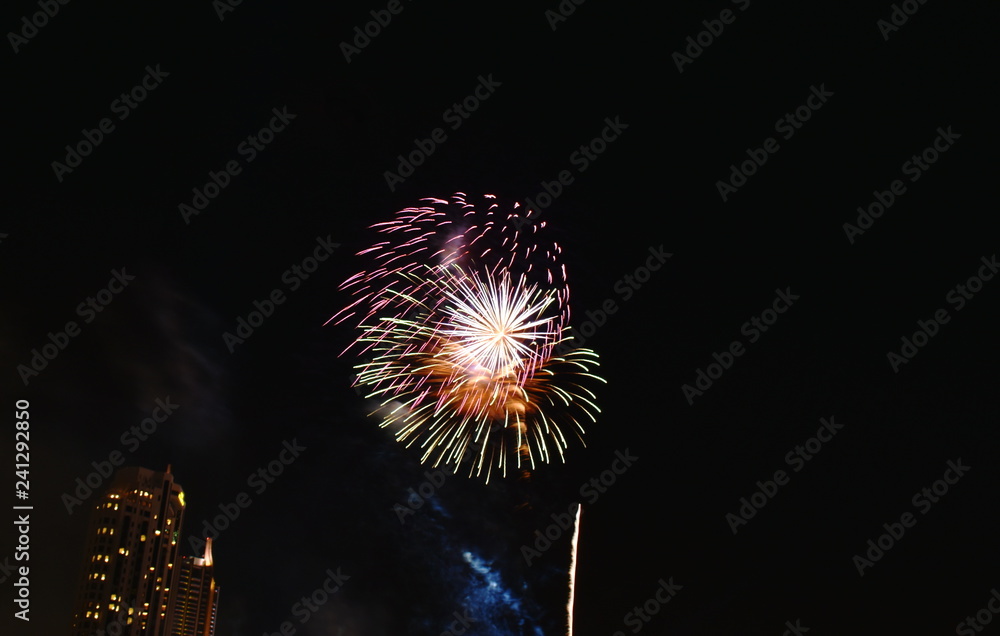 new year celebration fireworks on Cho Phraya river in Thailand new year celebration fireworks on Cho Phraya river in Thailand