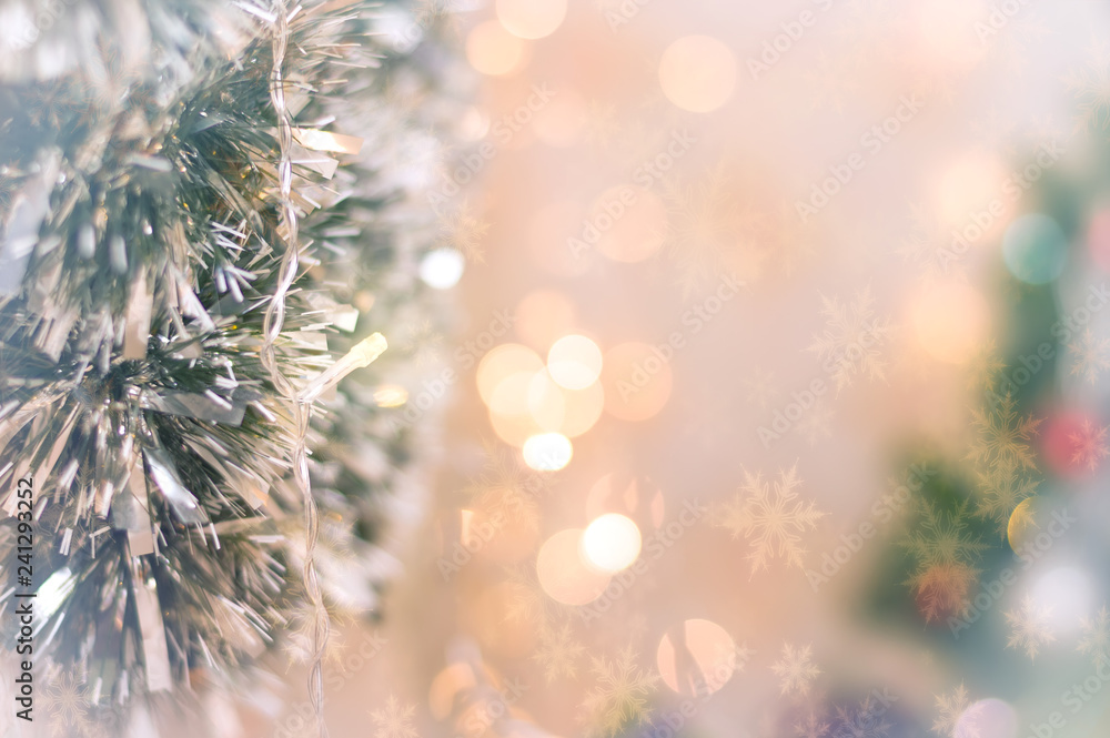 Christmas background with bokeh, fir and snowflakes, space for text. Christmas background with bokeh, fir and snowflakes, space for text.