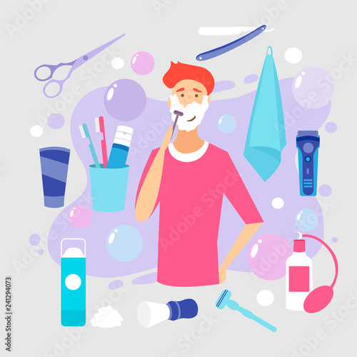 Man Shaving Face with Foam. Skin Care. Vector cartoon illustration. Shaving effect.