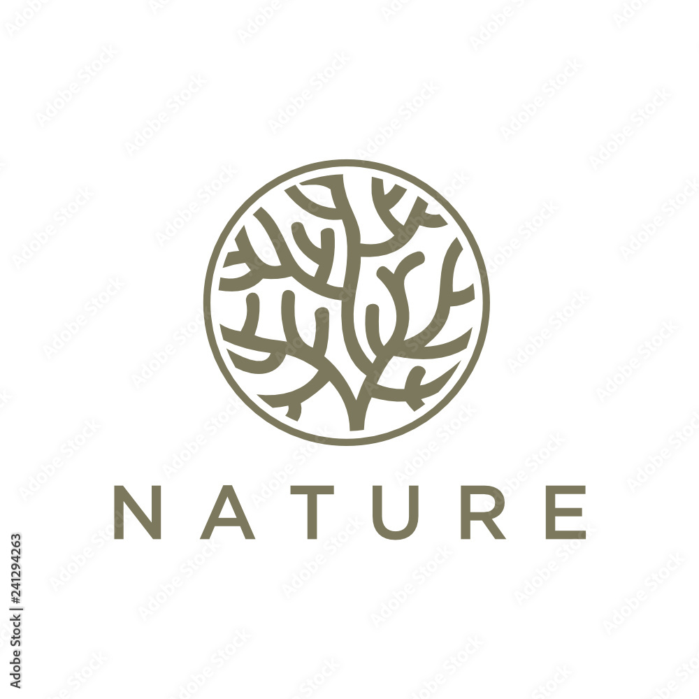 Vector logo of seaweed elements. Round emblem in minimal linear style - design of natural products, flower shop, cosmetics, ecology concept, health, spa, raw food package. - Vector Vector logo of seaweed elements. Round emblem in minimal linear style - design of natural products, flower shop, cosmetics, ecology concept, health, spa, raw food package. - Vector