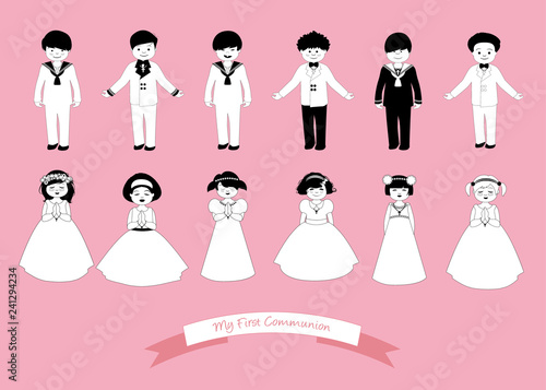 Collection of six children and six girls wearing First Communion clothes