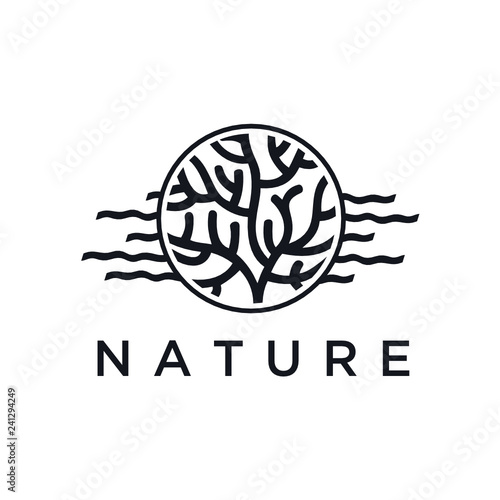 Vector logo of seaweed elements. Round emblem in minimal linear style - design of natural products, flower shop, cosmetics, ecology concept, health, spa, raw food package. - Vector