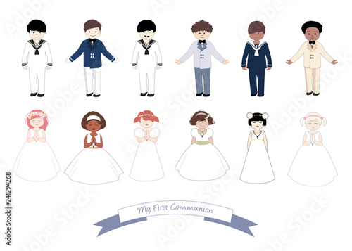 Collection of six children and six girls wearing First Communion clothes