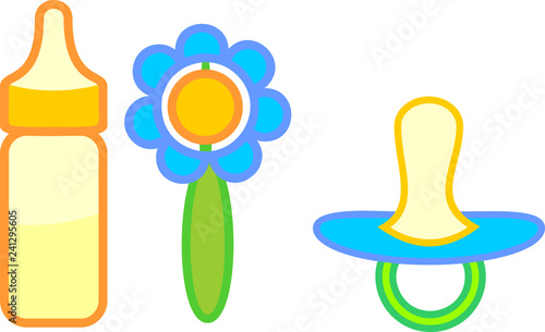 Nipple, rattle and bottle isolated on white background