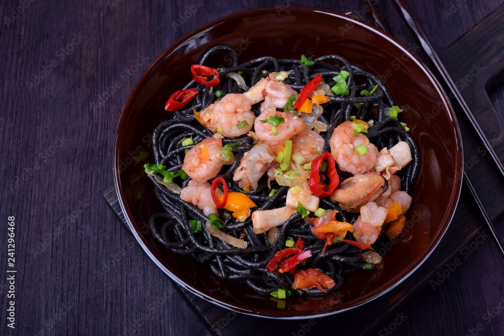 Black spaghetti with cuttlefish ink and seafood Black spaghetti with cuttlefish ink and seafood