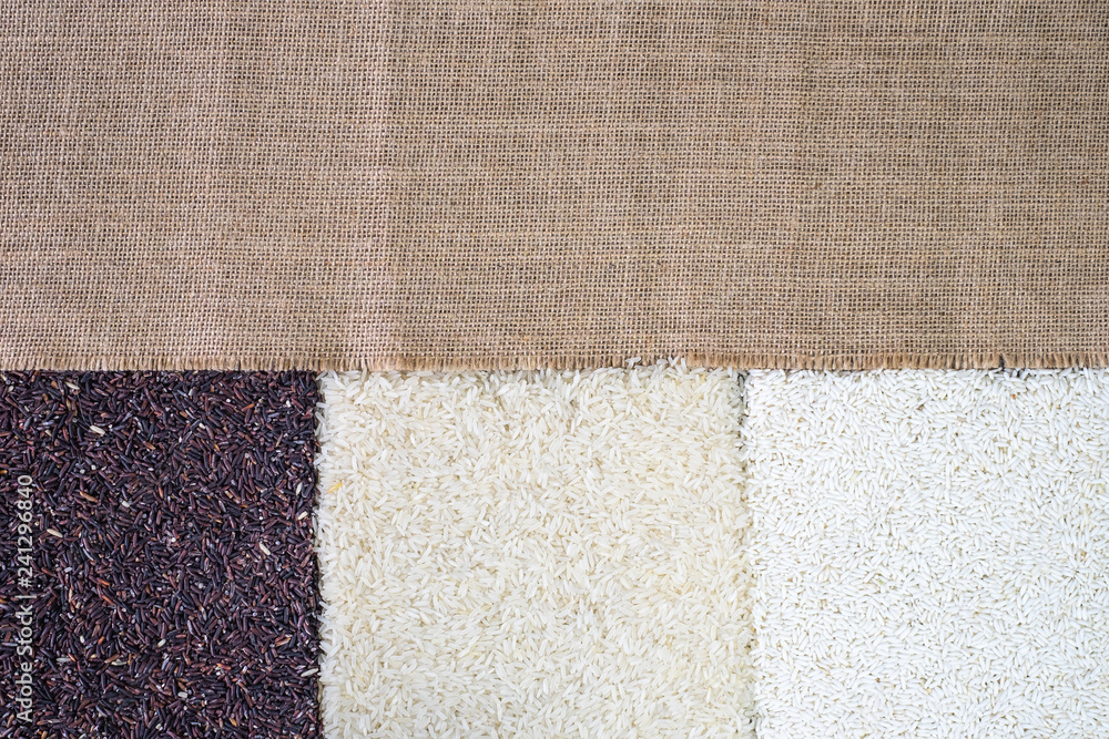 Fototapeta premium Organic Mixed rice on the sack background.