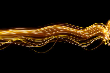 Light painting photography, long exposure, metallic gold waves of vibrant color, fairy lights against a black background