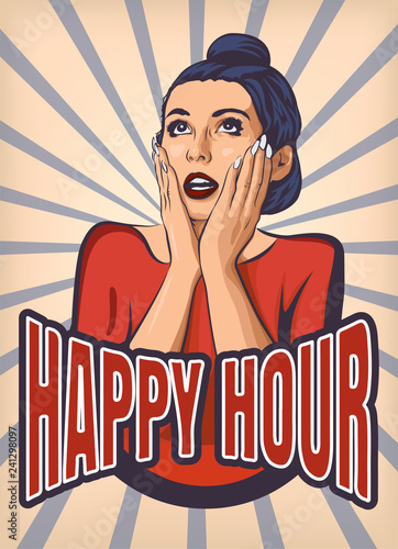 Suprised pin up girl with happy hour lettering