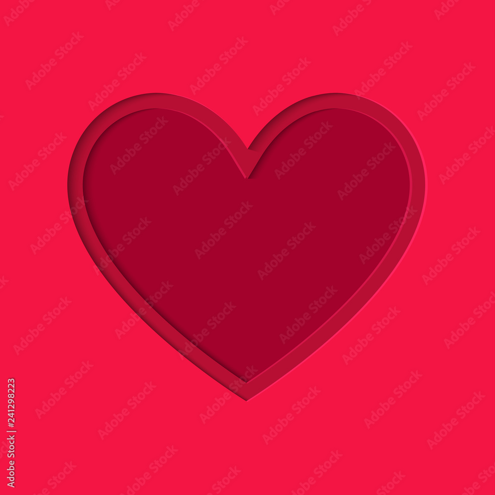 Valentine's Day paper cut style, heart symbol on red background, festive banner or greeting card vector illustration