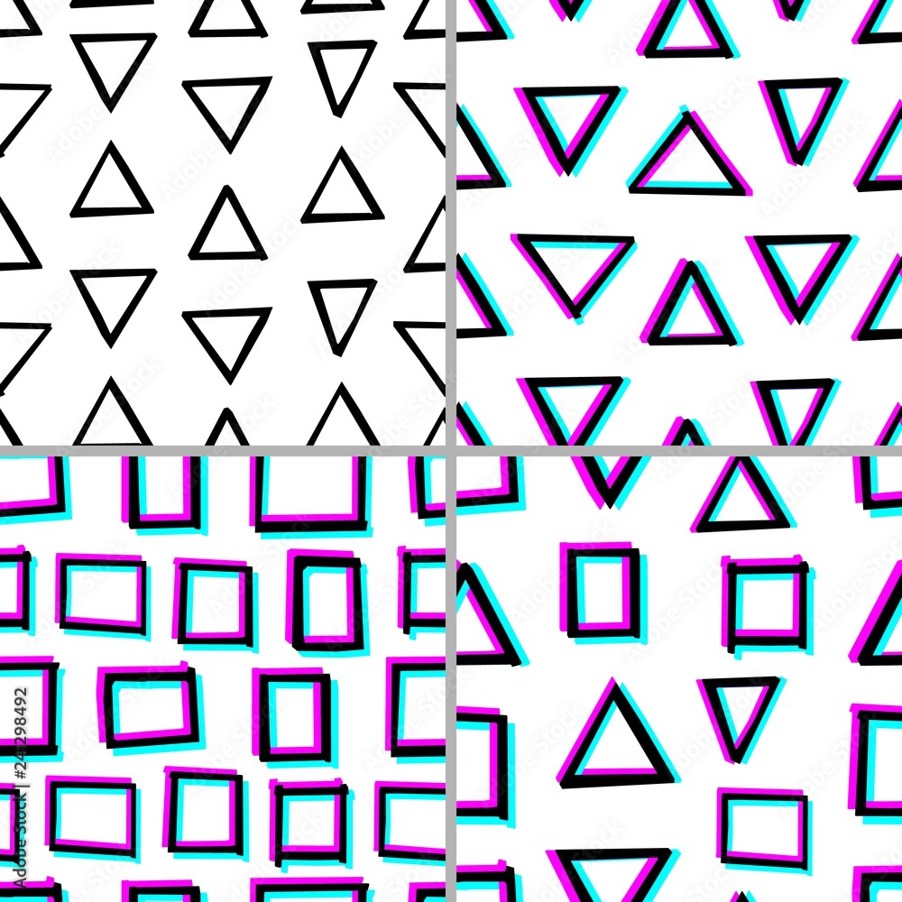 Set of 4 seamless decorative pattern with hand drawn geometry shapes. 3d stereoscopic effect Set of 4 seamless decorative pattern with hand drawn geometry shapes. 3d stereoscopic effect