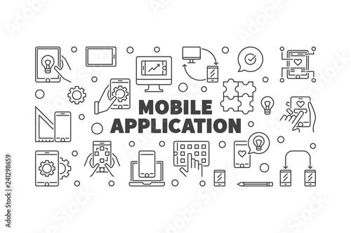 Mobile Application vector concept simple outline horizontal illustration or banner